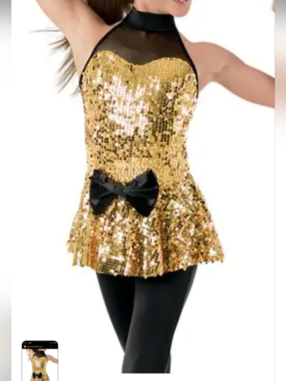 WEISSMAN Costume Gold Sequin Dance Dress/ Bodice with Black Bow Sheer XL GIRLS